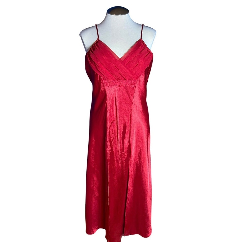 Solange Red Satin Nightgown Lace Trim Pleated Chiffon V-Neck Plus Size 18/20